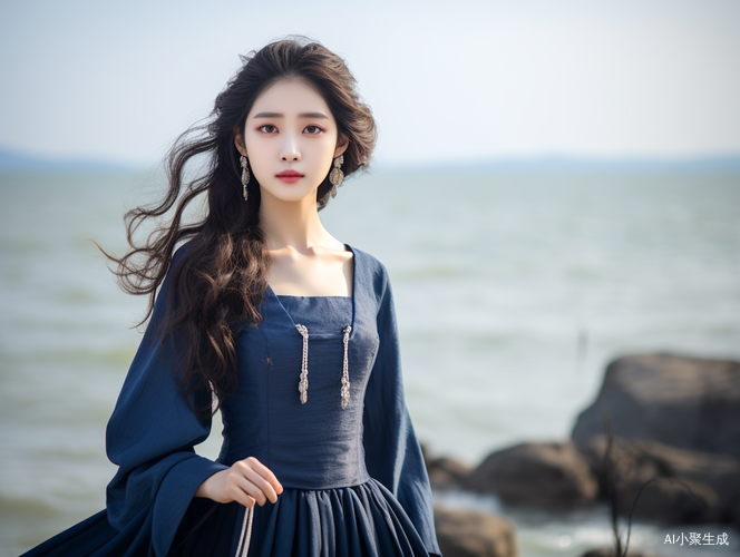 中国美女穿着海军风格衣裙站在大海边的大师杰作