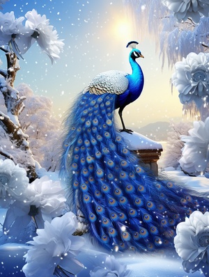 Beautiful Winter Snow Scene with Golden Peacocks and Blue Roses