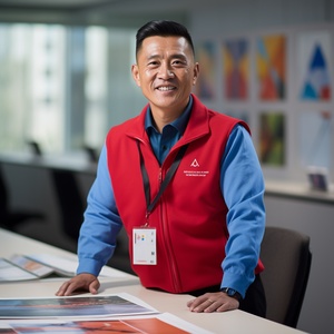 proud man with crossed hands on his chest, head of Hangzhou Asian Games Organizing Committee, interior meeting room full of Asian Games promotional posters, city landscape photos on the walls, planning blueprints of the Asian Games on the table, atmosphere of solemnity and full of expectation, bold colors and simple lines, emphasis on character's confidence and pride, overall image filled with solemnity and humor