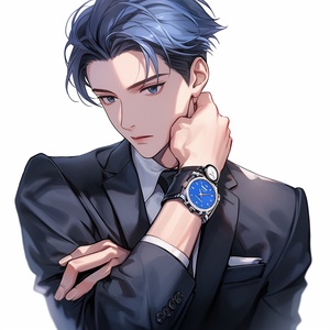 Blue-haired Boy in Blue Suit with Mechanical Watch