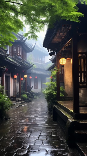 江南烟雨中的近景