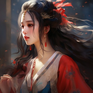 a close up of a woman wearing a red and blue dress, ancient chinese beauties, palace ， a girl in hanfu, wearing ancient chinese clothes, ancient chinese princess, inspired by Qiu Ying, beautiful character painting, chinese princess, ancient china art style, chinese empress, traditional beauty, inspired by Lan Ying, with ancient chinese aesthetic, traditional chinese niji 5 ar 3:4