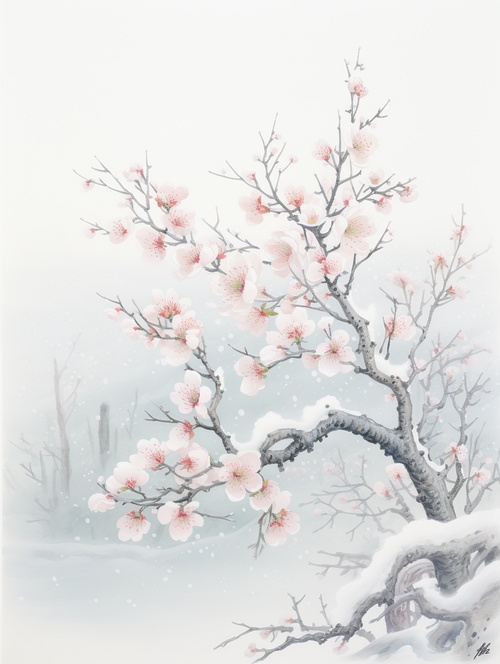 图像描述（中英文）：中文版：雪打梅花呈画意，寒梅傲雪独自开。在这幅画面中，我们可以看到一株孤独的梅花树在严冬中挺立，树枝上挂满了洁白的雪花。梅花花瓣上凝结着晶莹的冰珠，仿佛是大自然的杰作。整个场景给人一种宁静、高洁的感觉，展现了梅花在严寒中的顽强生命力。英文版：Snowflakes flutter against the plum blossoms, forming a picturesque scene. In this image, we can see a solitary plum tree standing tall in the midst of the cold winter, its branches adorned with snowflakes. The petals of the plum blossoms are coated with sparkling ice crystals, as if nature's own masterpiece. The entire scene exudes a sense of tranquility and nobility, showc