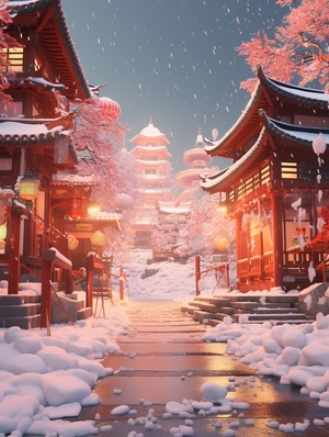 Spectacular 3D Render of Snowy Asian Town with Mythological Themes