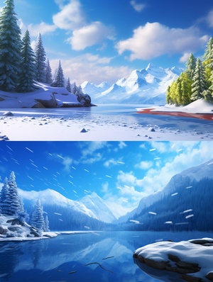 Snowy Panoramic Landscape Matte Painting with Snow-Capped Mountains