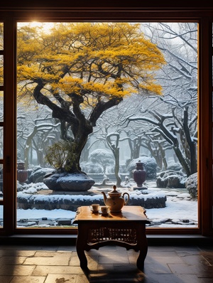 landscape photography,windowed patio with a large tree,snowy winter morning,natural lighting,best image quality,National Geographic photo shoot