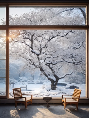 landscape photography,windowed patio with a large tree,snowy winter morning,natural lighting,best image quality,National Geographic photo shoot