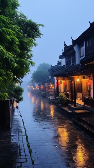 江南水乡下雨近景