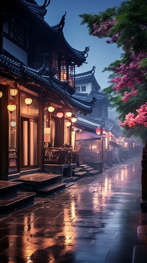 江南烟雨，近景，光线明亮