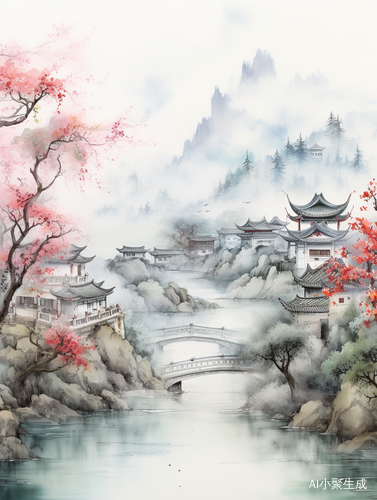 水墨画：新、中式小桥、流水、错落的房屋