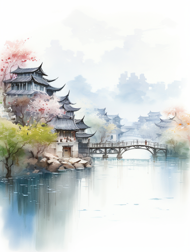 水墨画：新、中式小桥、流水、错落的房屋