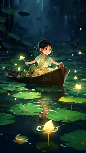 Ancient Chinese Little Girl in Surreal Abstract Pond