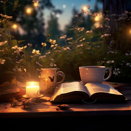 there is a book and a cup of coffee on a table, relaxing atmosphere, cozy and peaceful atmosphere, relaxing mood, quiet and serene atmosphere, peaceful ambience, relaxing environment, tea drinking and paper lanterns, cozy night fireflies, beautiful ambience, serene evening atmosphere, cozy cafe background, cozy home background, dreamy atmosphere, magical dream-like atmosphere