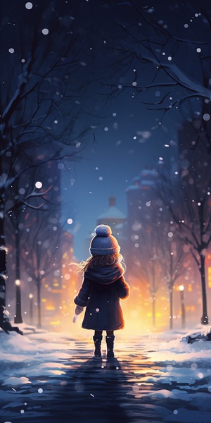 雪夜，一个小女孩独行