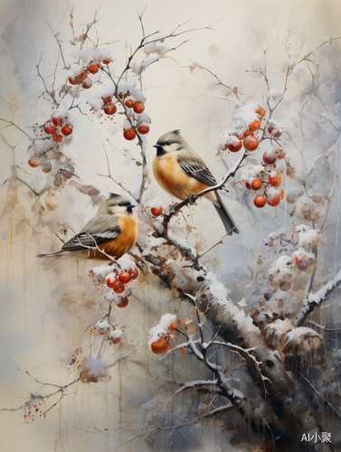 Winter Wonderland: Two Little Birds on a Snow-Covered Hawthorn Tree