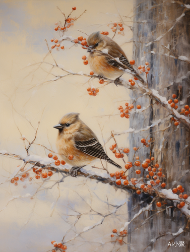 Winter Wonderland: Two Little Birds on a Snow-Covered Hawthorn Tree