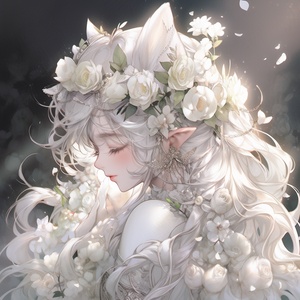 星辰大海，Exquisite attire, amidst flowers, white hair, fairy tale style, pure and flawless, holy, white roses, slightly curly hair, profile, light makeup, eyelashes, watery eyes, delicate and gentle face, master's work, moonlight shining on her face, white cat ears, flowers, exquisite hair accessories, elf ears