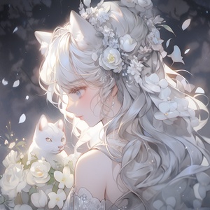 星辰大海，Exquisite attire, amidst flowers, white hair, fairy tale style, pure and flawless, holy, white roses, slightly curly hair, profile, light makeup, eyelashes, watery eyes, delicate and gentle face, master's work, moonlight shining on her face, white cat ears, flowers, exquisite hair accessories, elf ears