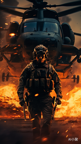 Realistic Hyper-Detailed Portraits of a Soldier Walking Behind a Fire and an Armored Helicopter