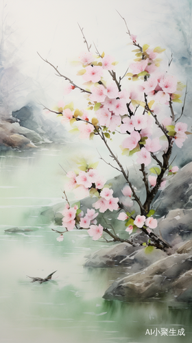 碧绿溪水边，绽放娇艳桃花，山峦欲滴仙境画卷