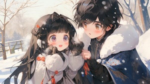 90s anime style, cute little boy and cute little girl are 3 years old. The boy has a round face, big eyes, short black hair, is wearing winter Hanfu, and a cute expression. The girl is wearing a winter Hanfu, scarf, long hair, bangs, and the snow scene is all sweet and lovely. Clear design, 16k, with detailed close-up and facial features, Nii5 ar 16:9