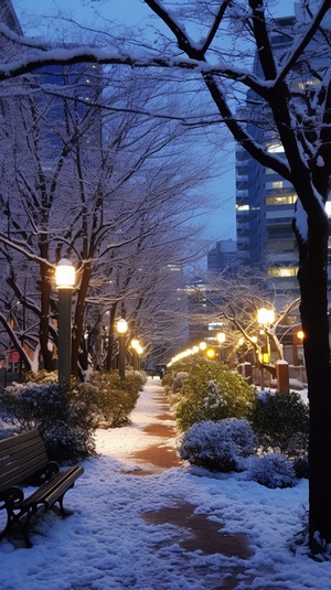 傍晚，城市高楼林立，，有光穿过，洒在雪后的树上，树上的枝条上堆积着厚厚的白雪，像是一串串珍珠，闪耀着迷人的光芒。微风吹过，树枝轻轻摇曳，雪花纷纷扬扬地飘落下来，如同天女散花般美丽。古老的城市建筑、青石板路、小桥流水，都被白雪覆盖，仿佛时间凝固，只留下一片宁静与美好。雪花静静地落在屋顶、桥梁和河岸边，将城市装点成了一幅宁静而美丽的水墨画。在这美丽的冰雪世界里，树木与城市楼房相互映衬，构成了一幅独特的冬日美景。这个冬天，因为树的雪，因为城市的美，变得格外难忘。它让人们感受到了大自然的神奇