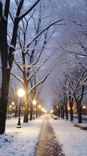 傍晚，城市高楼林立，，有光穿过，洒在雪后的树上，树上的枝条上堆积着厚厚的白雪，像是一串串珍珠，闪耀着迷人的光芒。微风吹过，树枝轻轻摇曳，雪花纷纷扬扬地飘落下来，如同天女散花般美丽。古老的城市建筑、青石板路、小桥流水，都被白雪覆盖，仿佛时间凝固，只留下一片宁静与美好。雪花静静地落在屋顶、桥梁和河岸边，将城市装点成了一幅宁静而美丽的水墨画。在这美丽的冰雪世界里，树木与城市楼房相互映衬，构成了一幅独特的冬日美景。这个冬天，因为树的雪，因为城市的美，变得格外难忘。它让人们感受到了大自然的神奇