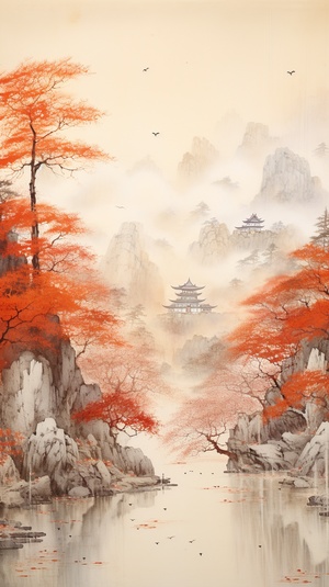 Chinese Landscape Painting: Golden Woods, Distant Pavilions and Gray Mountains