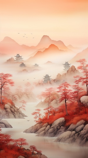 Chinese Landscape Painting: Golden Woods, Distant Pavilions and Gray Mountains