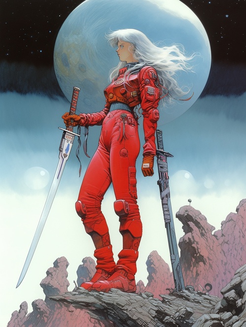 fullbody,female,on an alien planet,long flowing silvery hair,Cybork Body,wearing a tight red leather robot augmented spacesuit, holding a huge sword,desolate landscape,on the cover of a 1980s science fiction magazine by Noriyoshi Ohrai Syd Mead Robert McGinnis, ar 8:11 style expressive niji 5