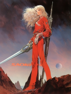 fullbody,female,on an alien planet,long flowing silvery hair,Cybork Body,wearing a tight red leather robot augmented spacesuit, holding a huge sword,desolate landscape,on the cover of a 1980s science fiction magazine by Noriyoshi Ohrai Syd Mead Robert McGinnis, ar 8:11 style expressive niji 5