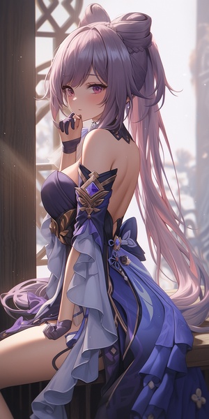 a woman sitting on top of a bed next to a window, an anime drawing, by Shitao, pixiv, shin hanga, wearing purple strapless dress, big (.)(.)!!, cell shaded animation, artgerm. high detail, she has purple hair, she has a jiggly fat round belly niji 5 ar 9:16