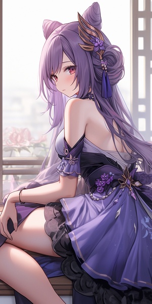 a woman sitting on top of a bed next to a window, an anime drawing, by Shitao, pixiv, shin hanga, wearing purple strapless dress, big (.)(.)!!, cell shaded animation, artgerm. high detail, she has purple hair, she has a jiggly fat round belly niji 5 ar 9:16