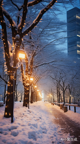 树上的白雪，城市的美：冬日水墨画