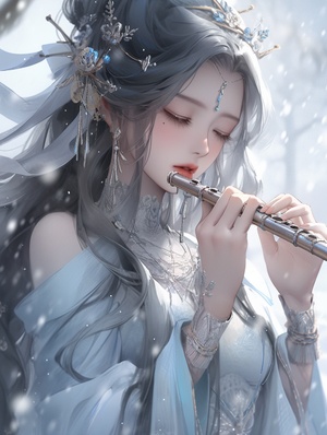 A Beautiful Woman Playing Flute in Fairycore Snow Scene