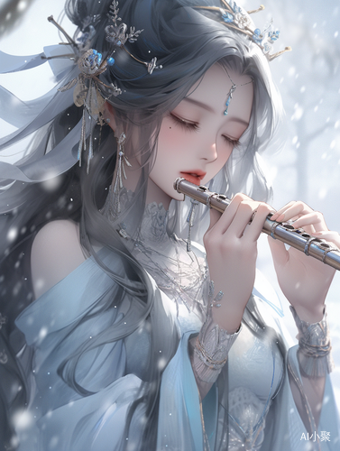 A Beautiful Woman Playing Flute in Fairycore Snow Scene