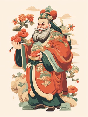 A traditional God of Wealth , Wearing ancient Chinese official uniforms , Holding a handful of jade Ruyi in hand , traditional Chinese Printmaking , sculpture art , colourful , woodblock print style , flat cartons , Vector illustration style