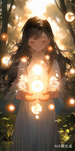 美丽的少女施展光系魔法在森林中