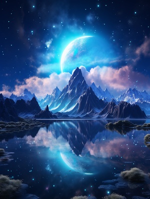 Surreal and Complex CG 3D Rendering of Blue Rose Glacier and Starry Sky