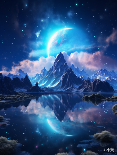 Surreal and Complex CG 3D Rendering of Blue Rose Glacier and Starry Sky