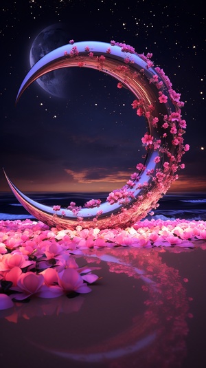 Transparent Picture with Pink Crescent, Beach Roses, and Shining Stars