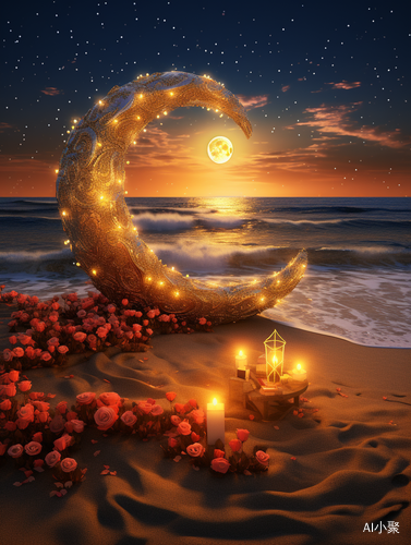 Transparent Picture with Golden Crescent, Beach Roses, and Glowing Stars