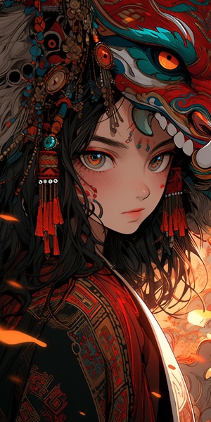 主体：A Tibetan girl and a mask,镜头：Close-Up风格：an illustration with rich colours art,氛围：elaborate costumes，realistichyper-detail,mystical