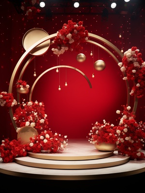 red and gold stage for an event with confetti and flowers, in the style of simplicity,monochromatic color palettes, circular shapes, afrofuturism-inspired, light white and light red, meticulous photorealistic still lifes, xmaspunk, porcelain