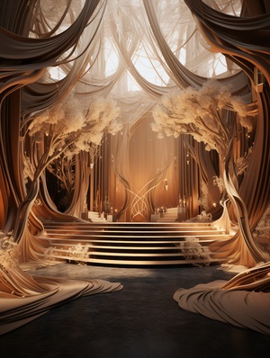 wedding stage in aluminio realism 3d wedding, in the style of the stars art group (xing xing), light orange and light bronze, contemporary fairy tale, dark white and light gold, organic shapes and curved lines, dadaist, fairy academia, stunning details atmospheric perspective, natural light lighting, Super detailed details,Hotswog Castle,