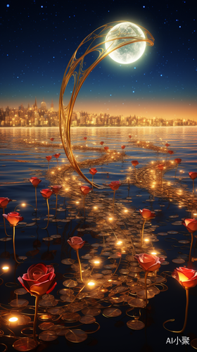 Transparent Picture with Golden Crescent, Beach Roses, and Glowing Stars