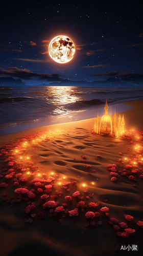 Transparent Picture with Golden Crescent, Beach Roses, and Glowing Stars