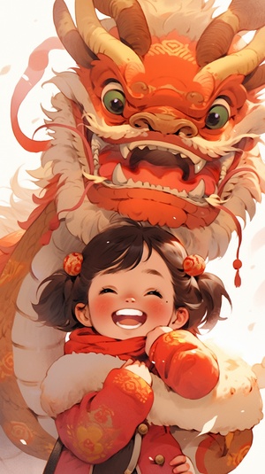 A cute gold Chinese baby dragon and a little Chinese girl, Pure Chinese taipei 101 background,Pixar style, both wearing sweaters with a big wool scarf tied around their neck, doing the same congratulatory gesture, , very festive, Chinese elements, welcoming the New Year, 32k,