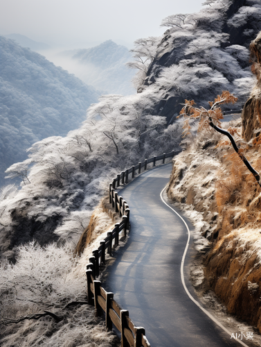 风雪中干枯树枝下的中国古风唯美山路