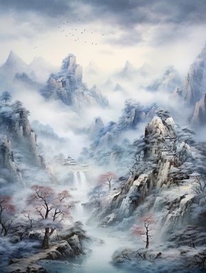 风雪天，群山连绵。中国古风，画面唯美，明亮，高清，真实摄影